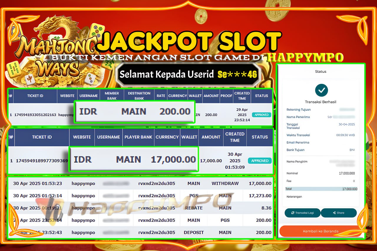 HAPPYMPO JACKPOT SLOT MAHJONG WAYS Rp.17.000.000,- LUNAS