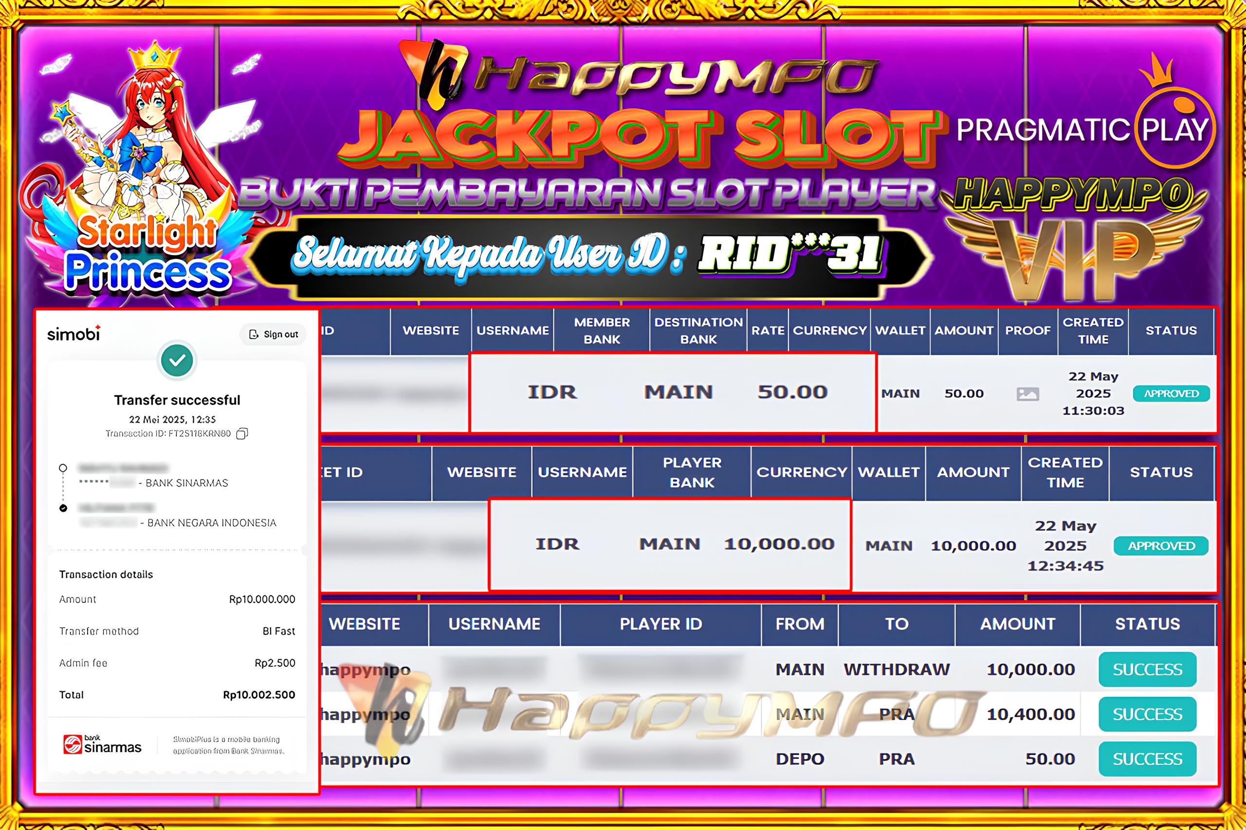 HAPPYMPO JACKPOT SLOT STARLIGHT PRINCESS Rp.10.000.000,- LUNAS