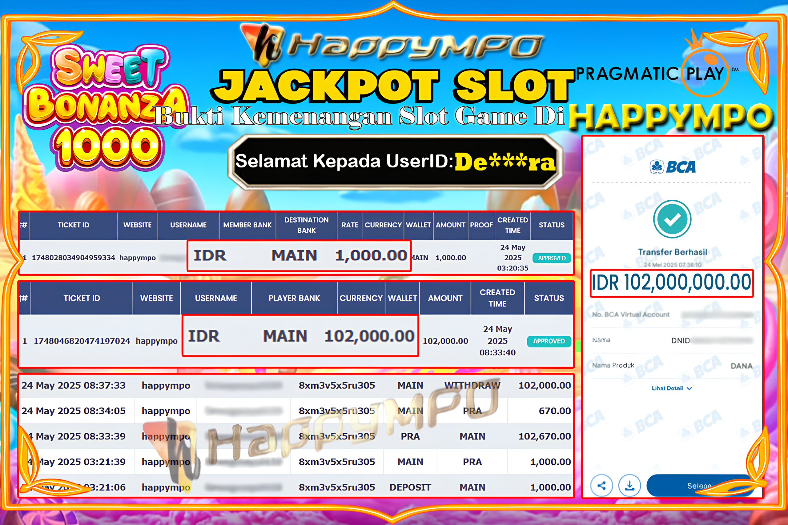 HAPPYMPO JACKPOT SLOT SWEET BONANZA 1000 Rp.102.000.000,- LUNAS
