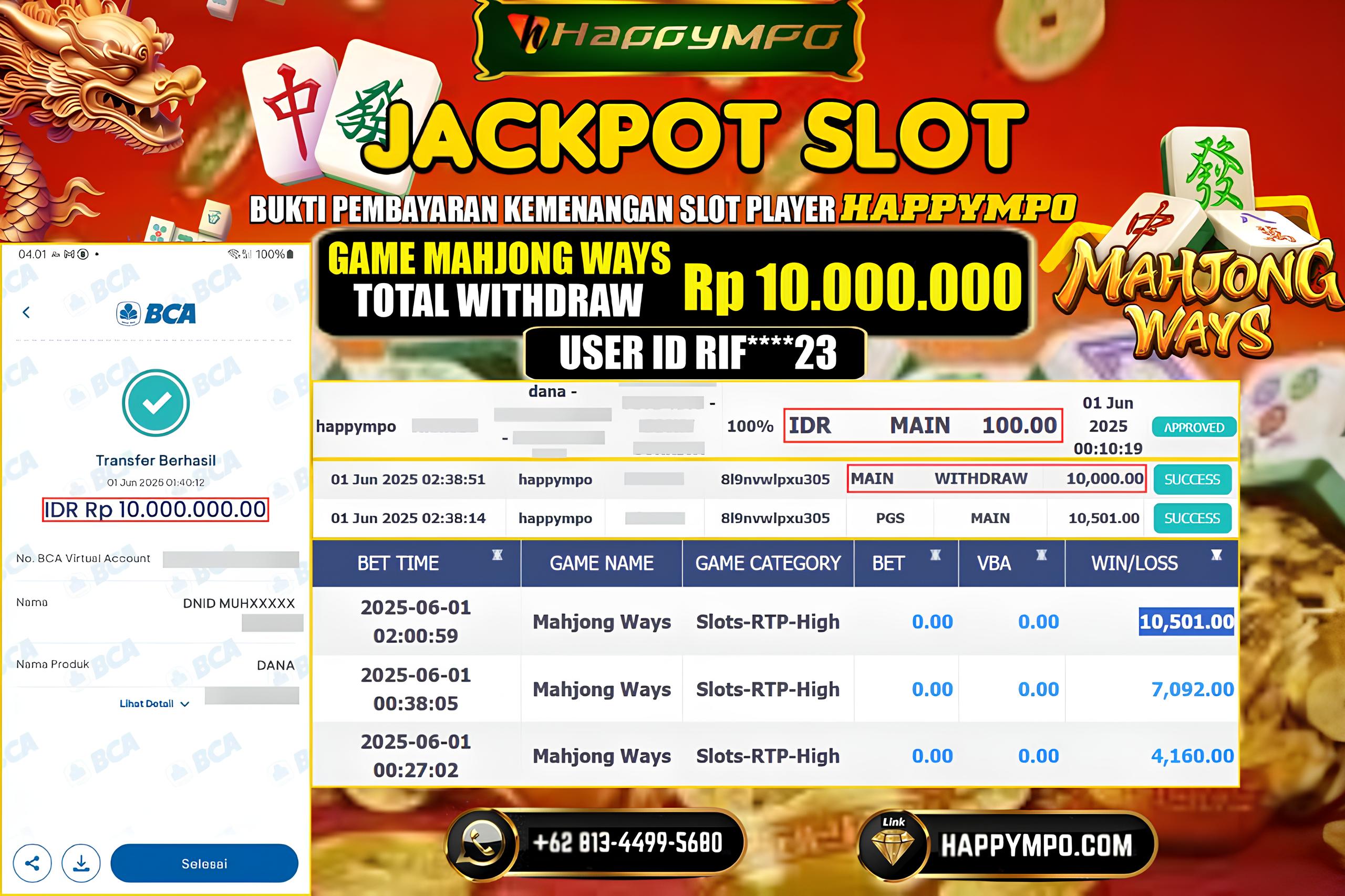 HAPPYMPO JACKPOT SLOT GAME MAHJONG WAYS Rp.10.000.000,- LUNAS