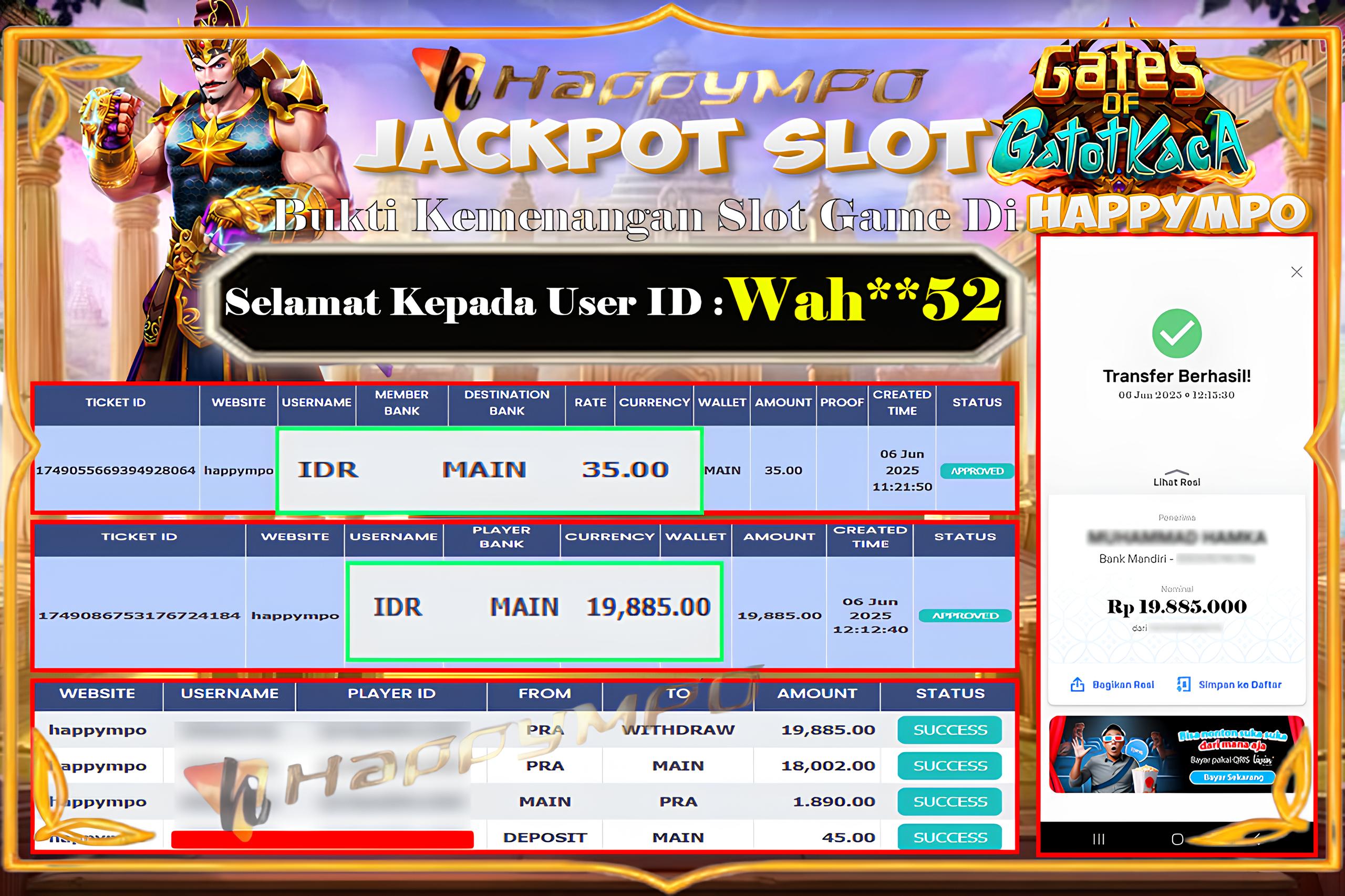 HAPPYMPO JACKPOT SLOT GAME GATES OF GATOTKACA Rp.19.885.000,- LUNAS