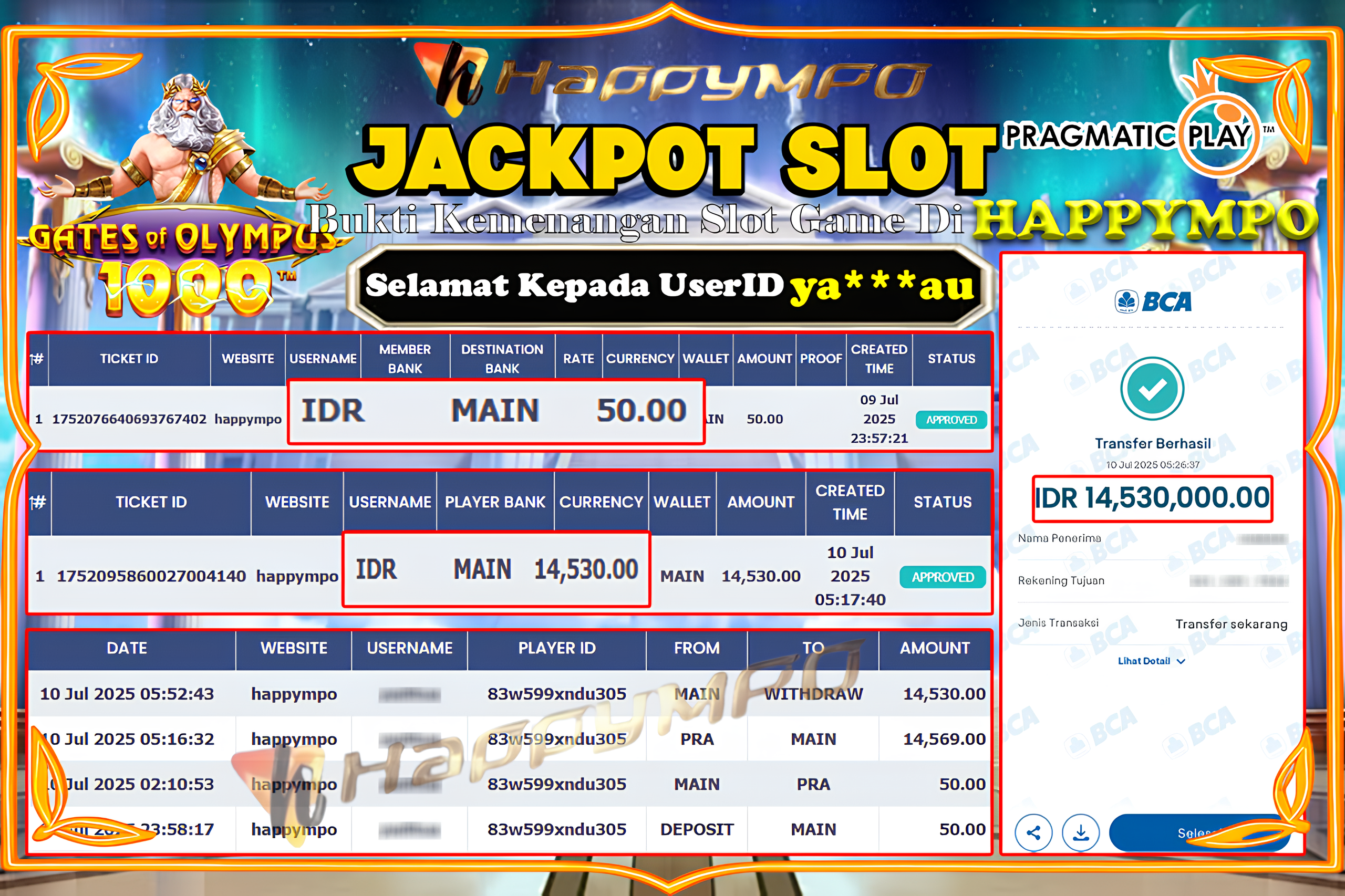 HAPPYMPO JACKPOT SLOT GATES of OLYMPUS1000 Rp.14.530.000,- LUNAS