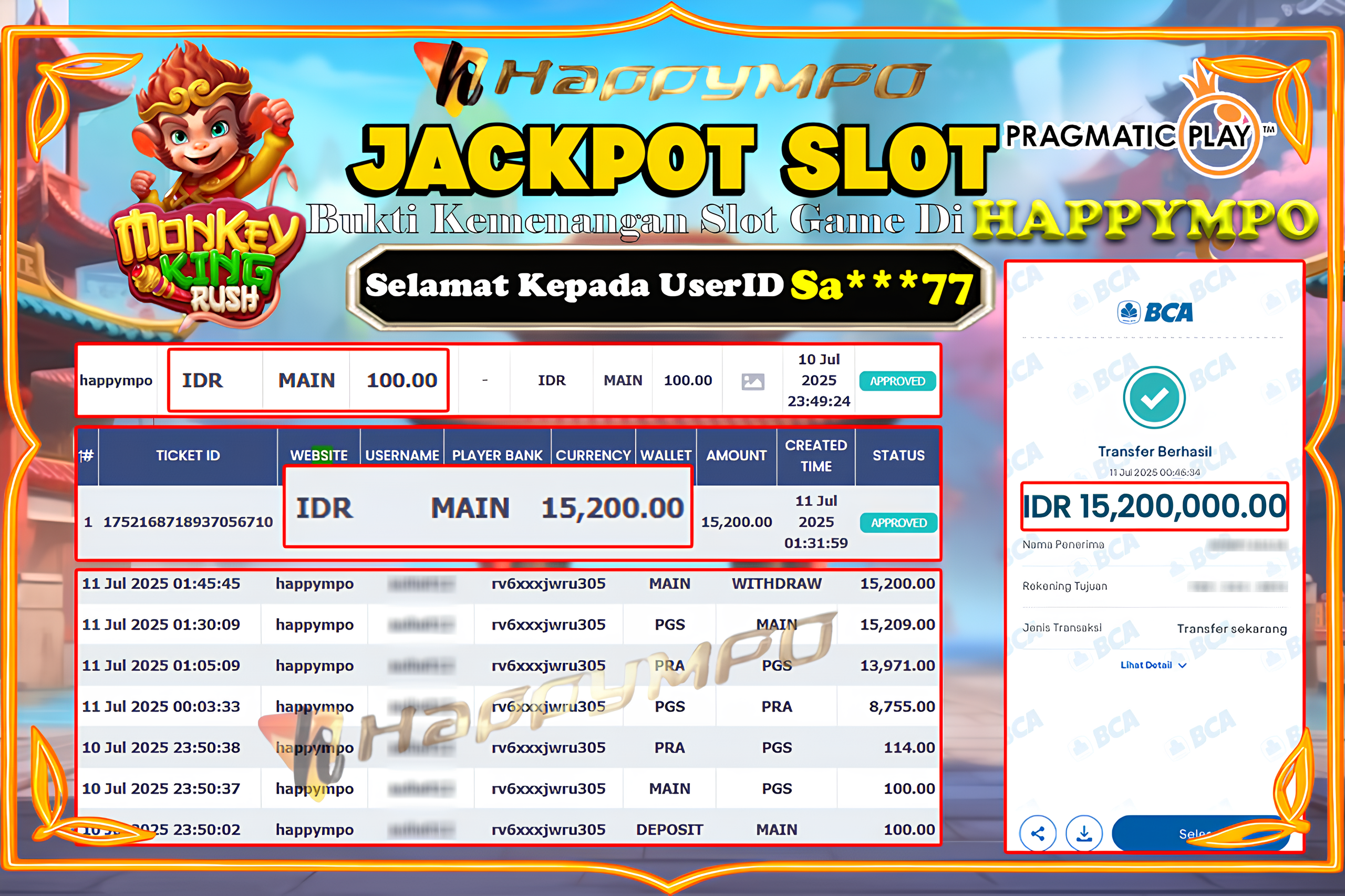 HAPPYMPO JACKPOT SLOT Monkey King Rush 3 Rp.15.200.000,- LUNAS