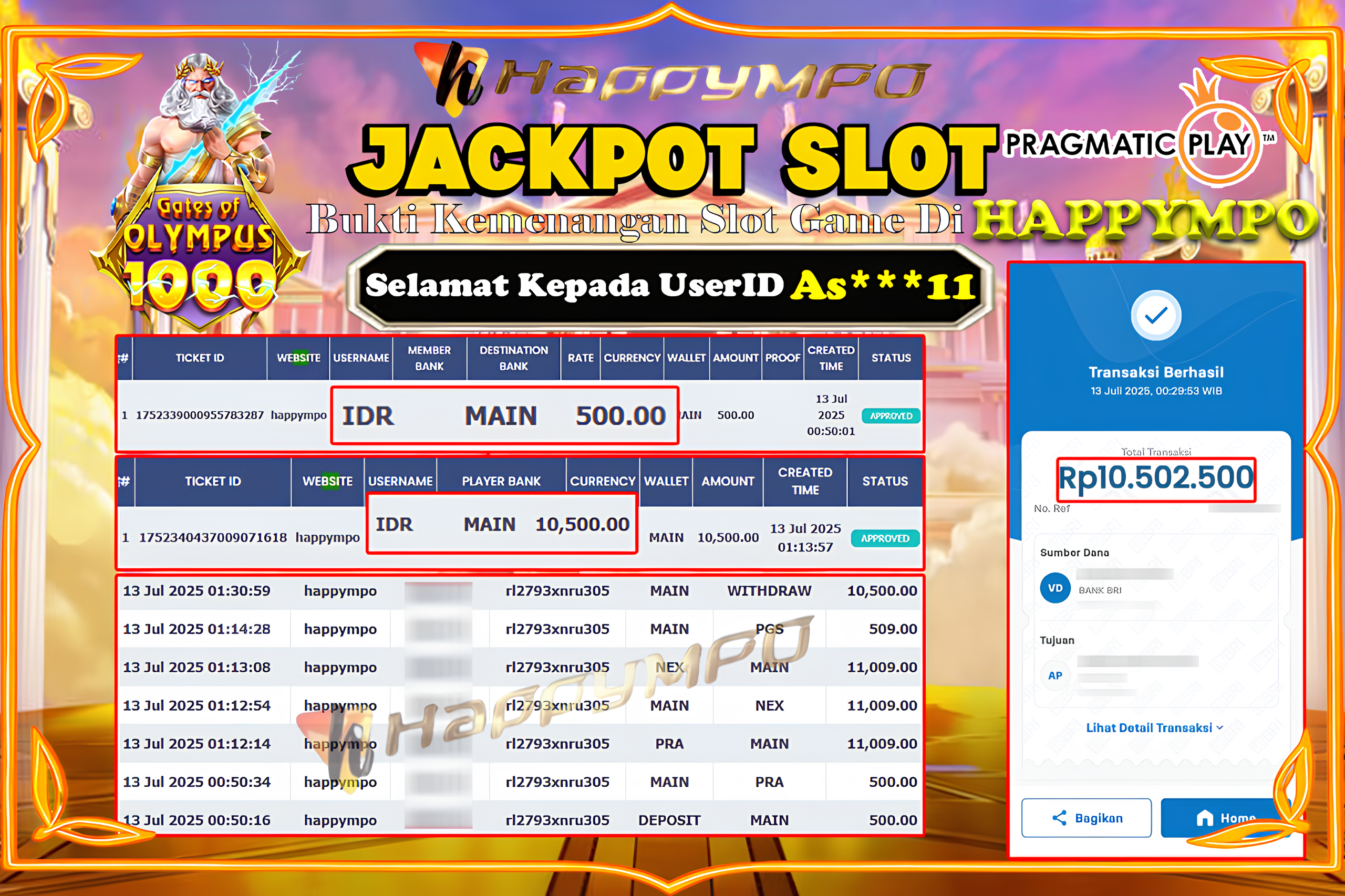 HAPPYMPO JACKPOT SLOT Gates Of OLYMPUS 1000 SCATER Rp.10.502.500,- LUNAS