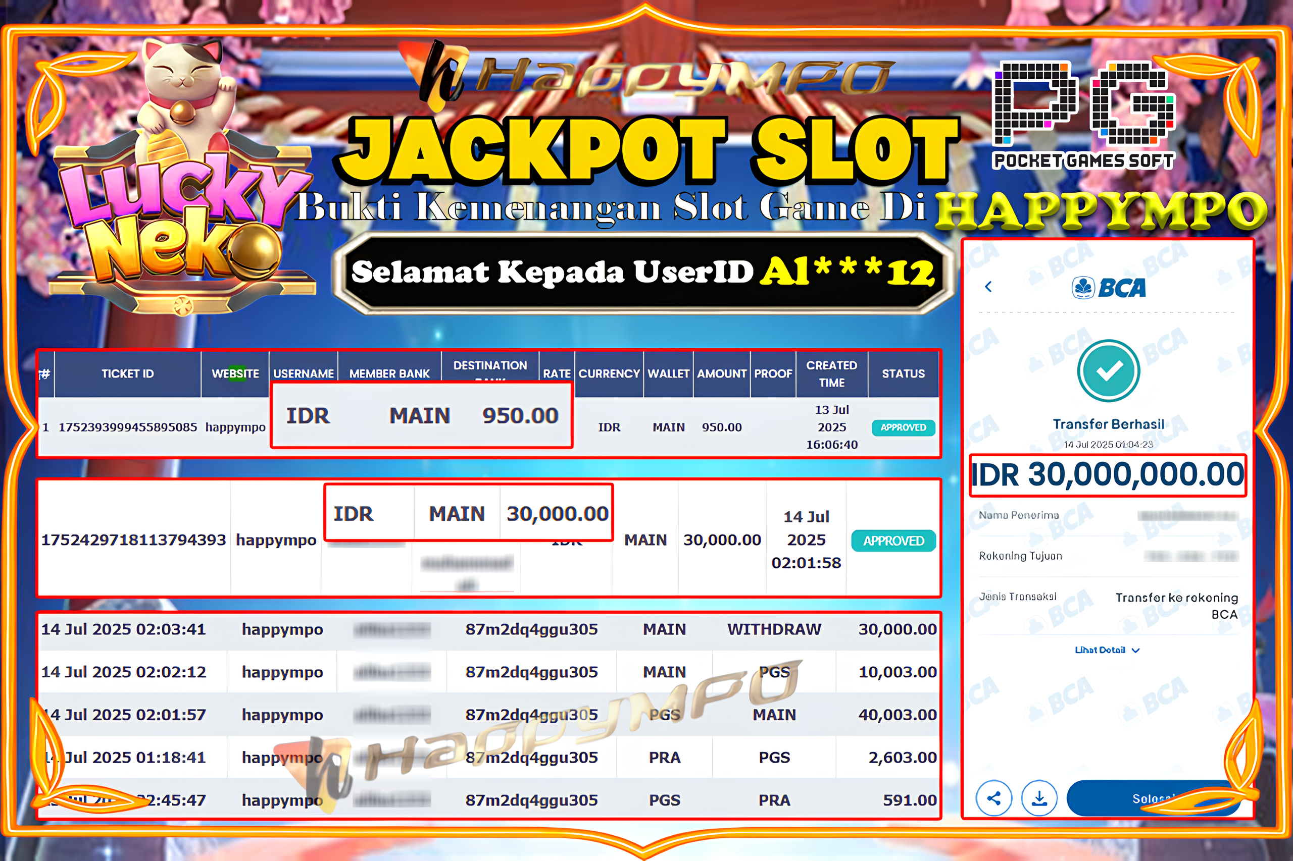 HAPPYMPO JACKPOT SLOT LUCKY NEKO SCATER Rp.30.000.000,- LUNAS