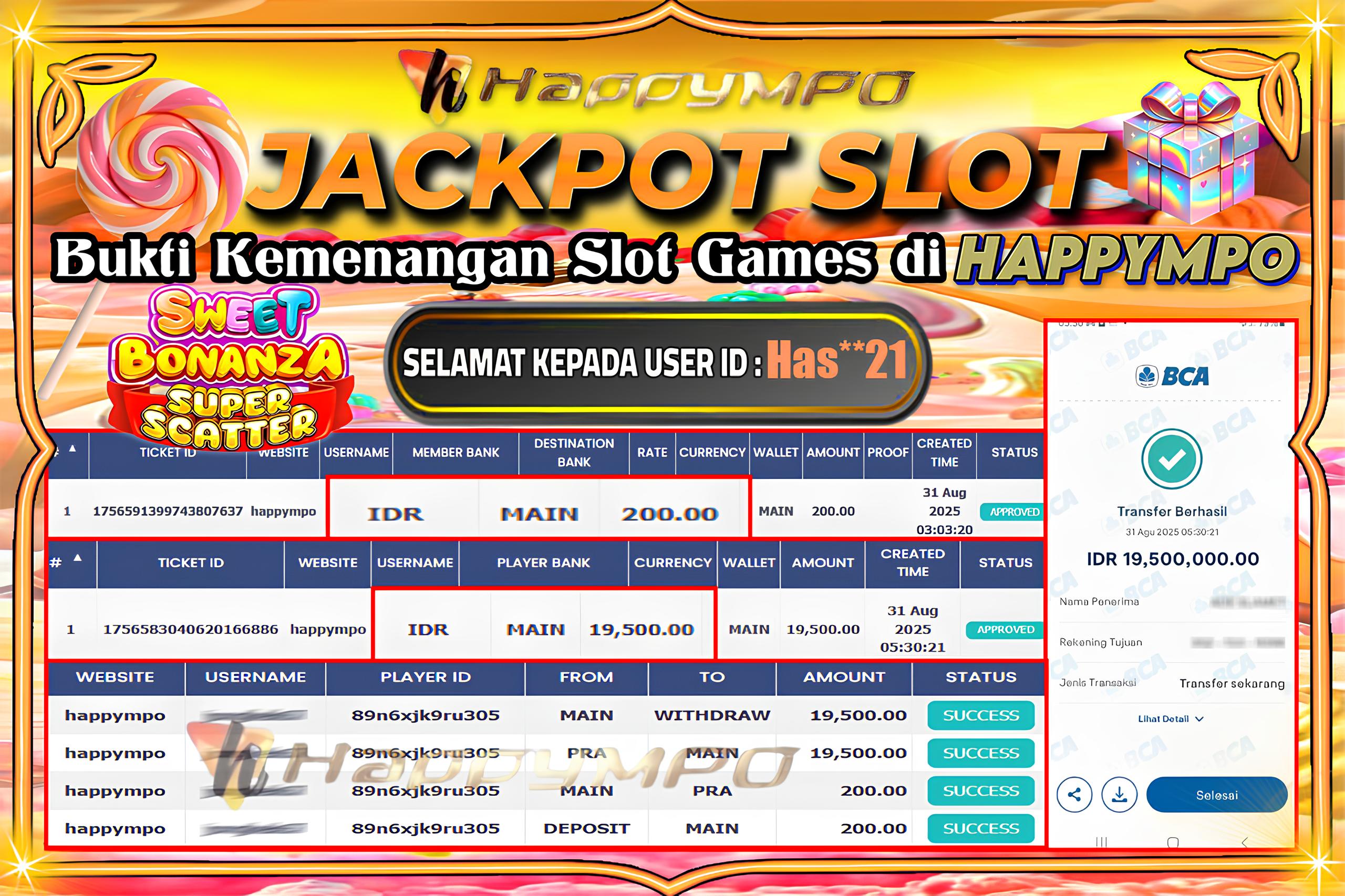 HAPPYMPO JACKPOT SLOT SWEET BONANZA SUPER SCATER Rp.19.500.000,- LUNAS