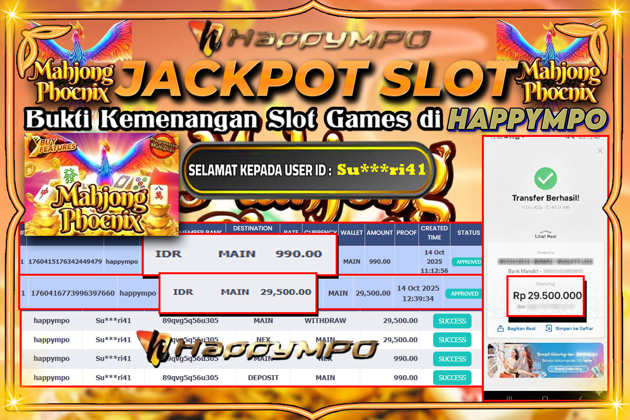 HAPPYMPO JACKPOT SLOT MAHJONG PHOENIX Rp.29.500.000,- LUNAS