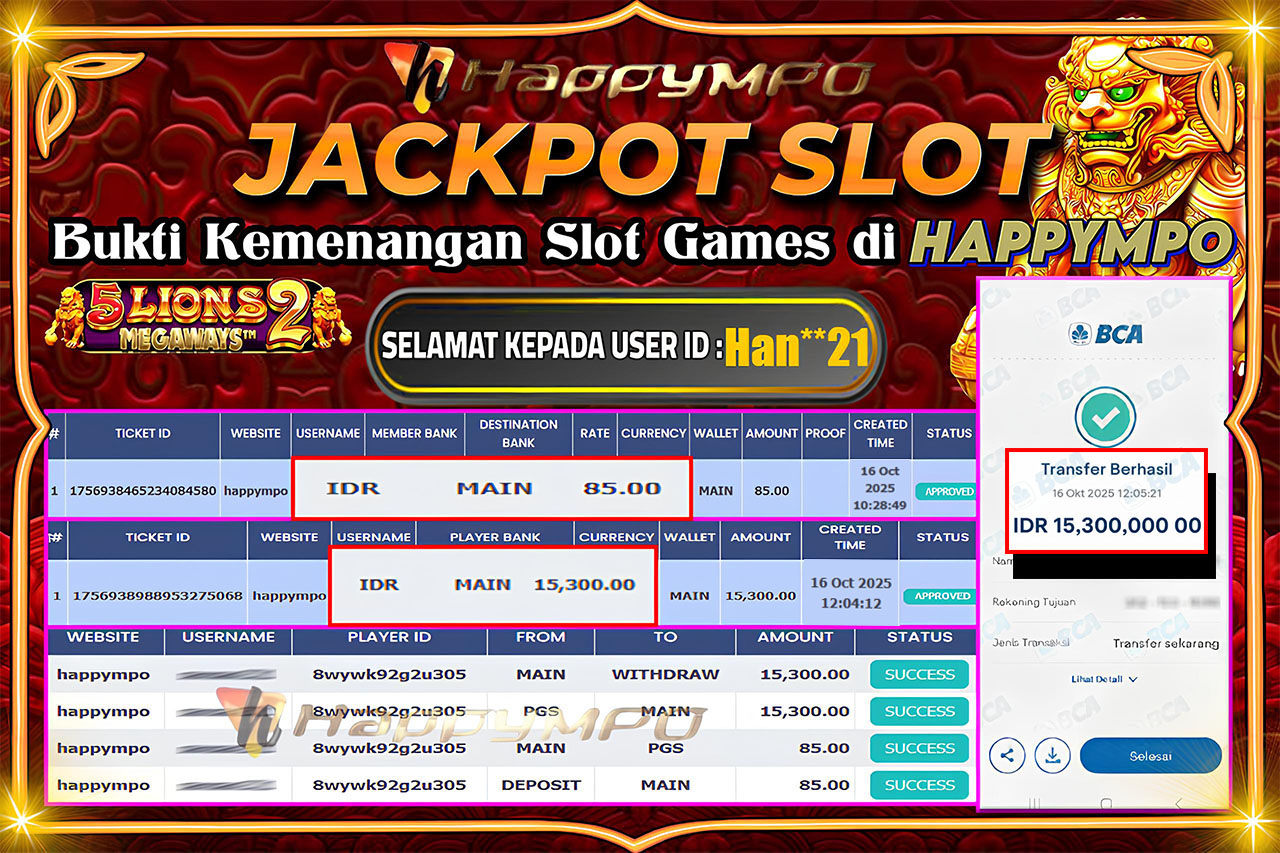 HAPPYMPO JACKPOT SLOT 5 LIONS MEGAWAYS Rp.15.300.000,- LUNAS