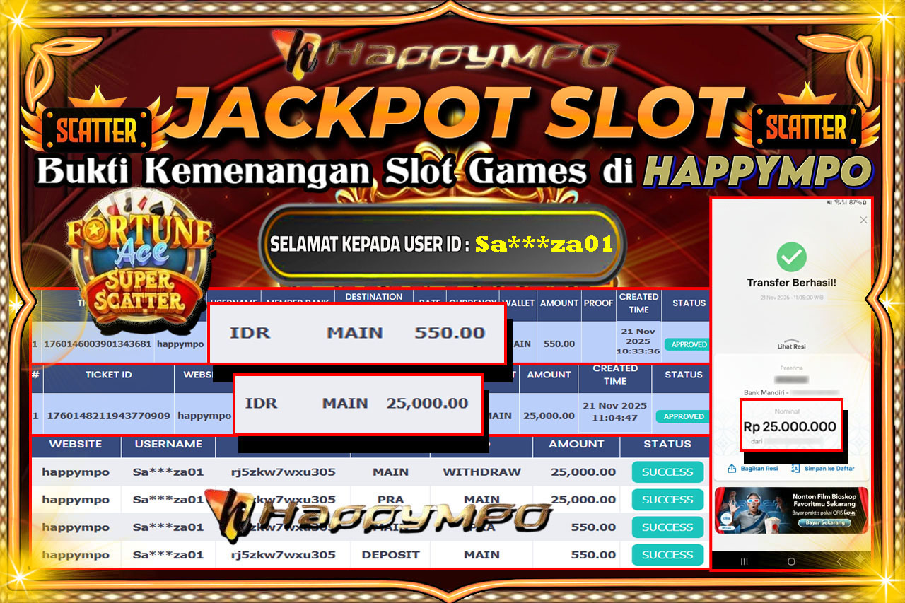 HAPPYMPO JACKPOT SLOT FORTUNE ACE SUPER SCATER Rp.25.000.000,- LUNAS