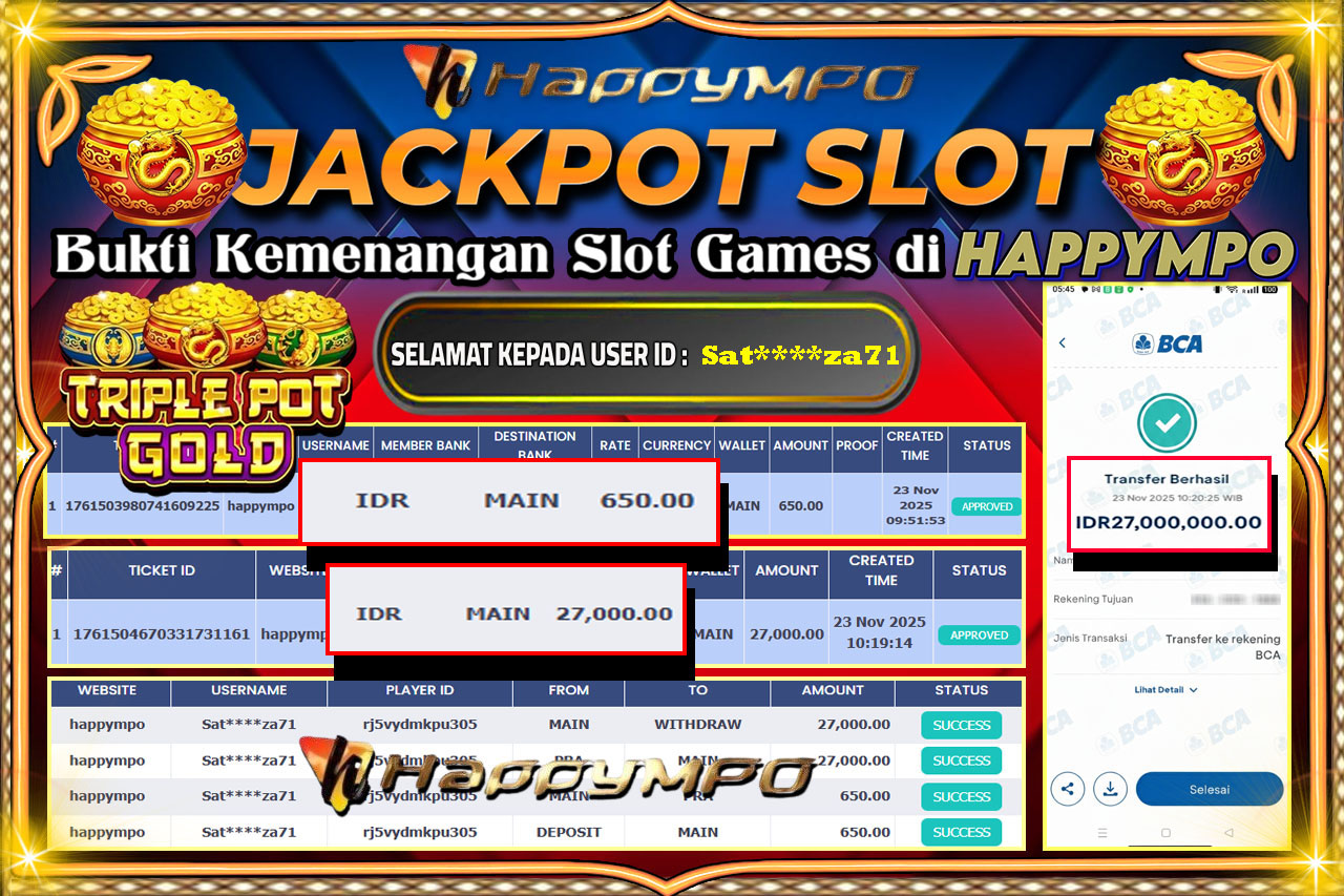 HAPPYMPO JACKPOT SLOT TRIPLE POT GOLD Rp.27.000.000,- LUNAS