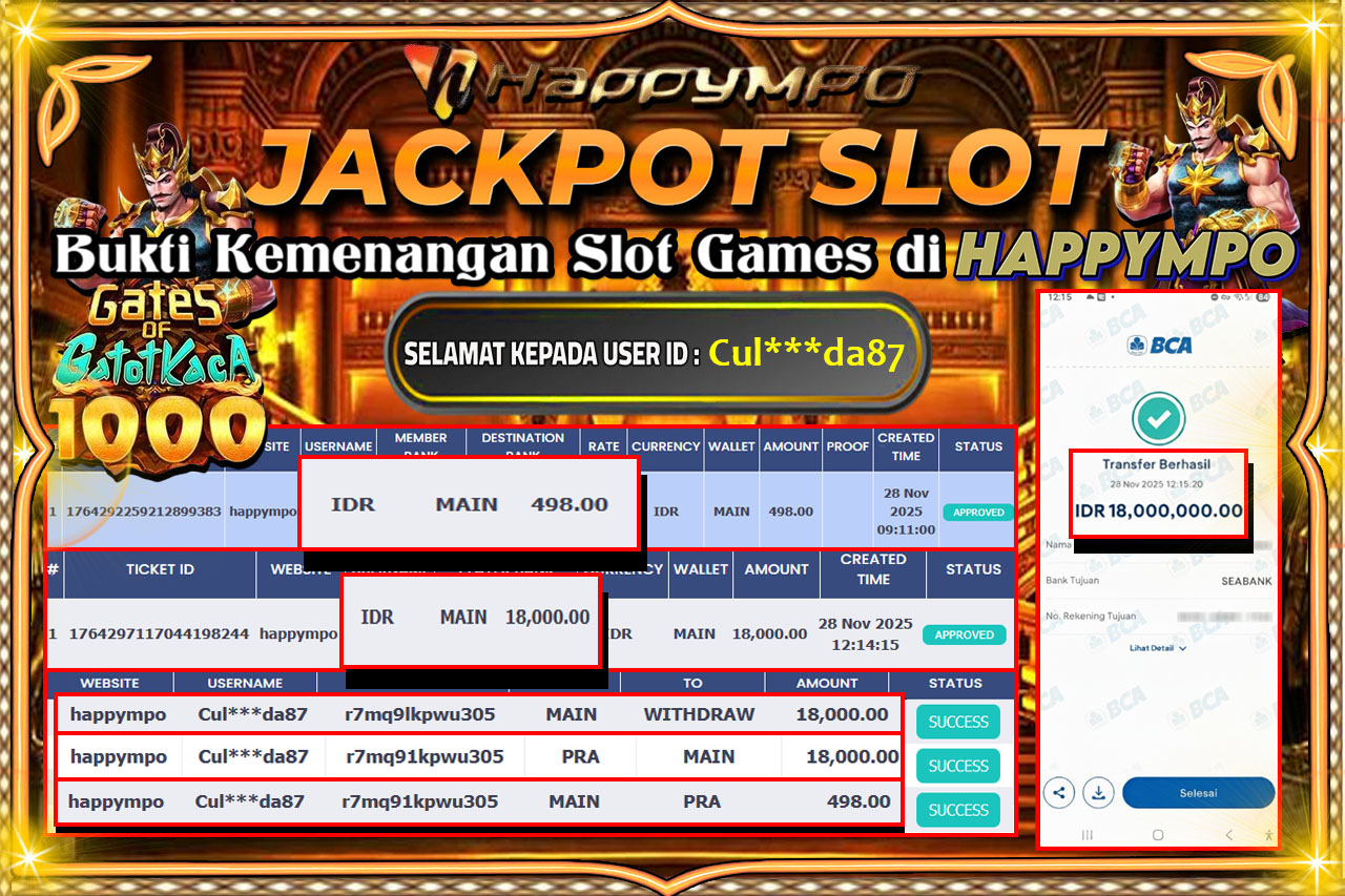 HAPPYMPO JACKPOT SLOT GATES OF GATOT KACA 1000 Rp.18.000.000,- LUNAS