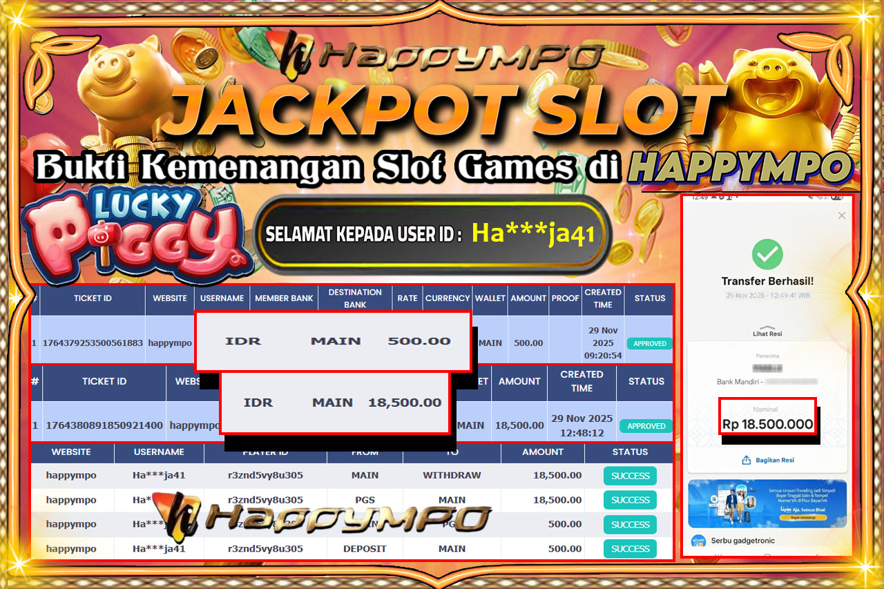 HAPPYMPO JACKPOT SLOT LUCKY PIGGY Rp.18.500.000,- LUNAS