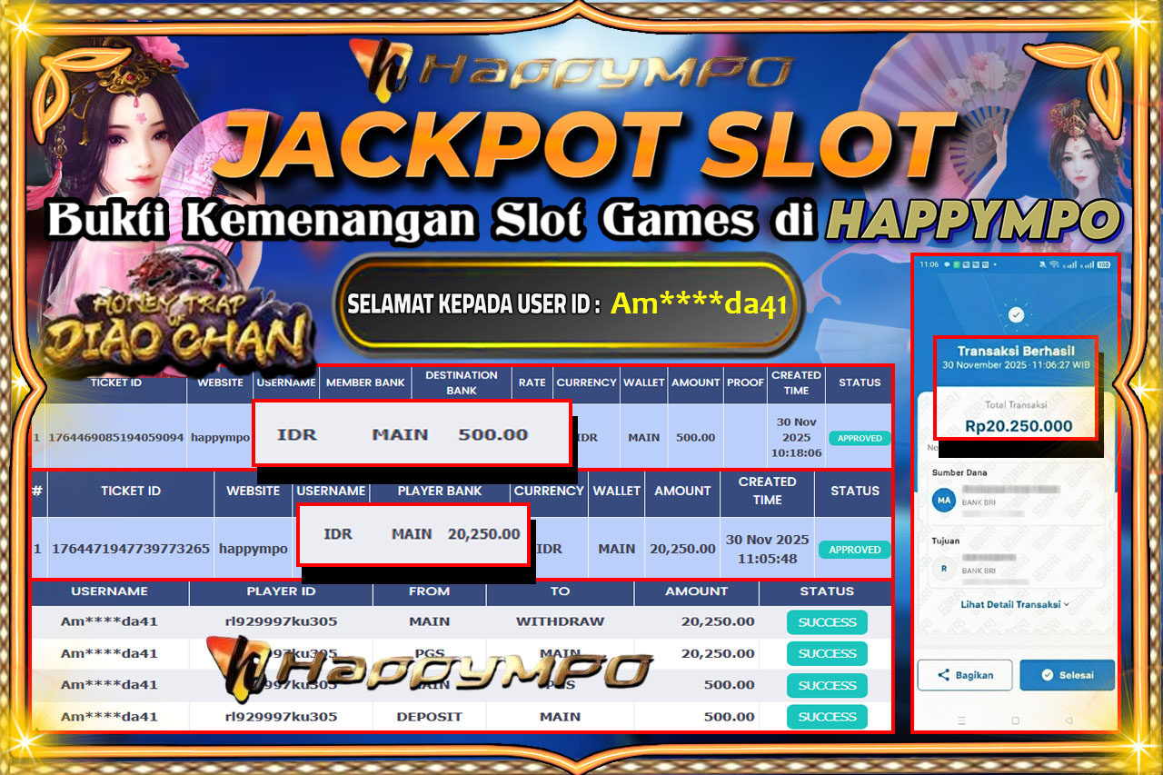 HAPPYMPO JACKPOT SLOT HONEY TRAP OF DIAO CHAN Rp.20.250.000,- LUNAS