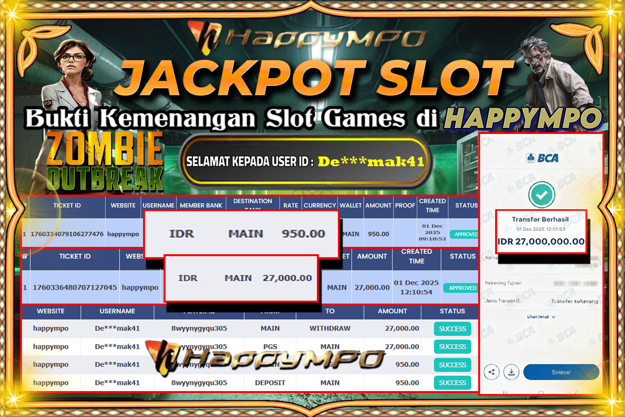 HAPPYMPO JACKPOT SLOT ZOMBIE OUTBREAK Rp.27.000.000,- LUNAS