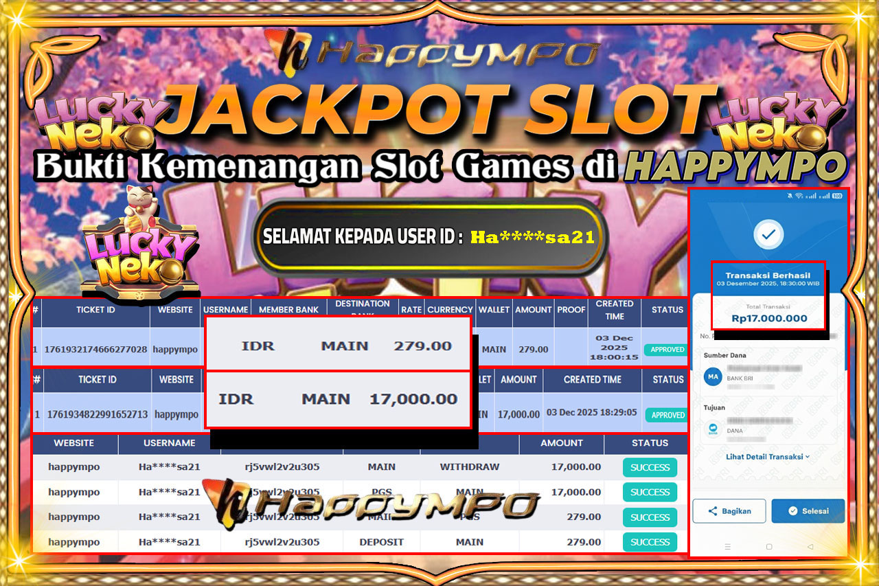 HAPPYMPO JACKPOT SLOT LUCKY NEKO Rp.17.000.000,- LUNAS