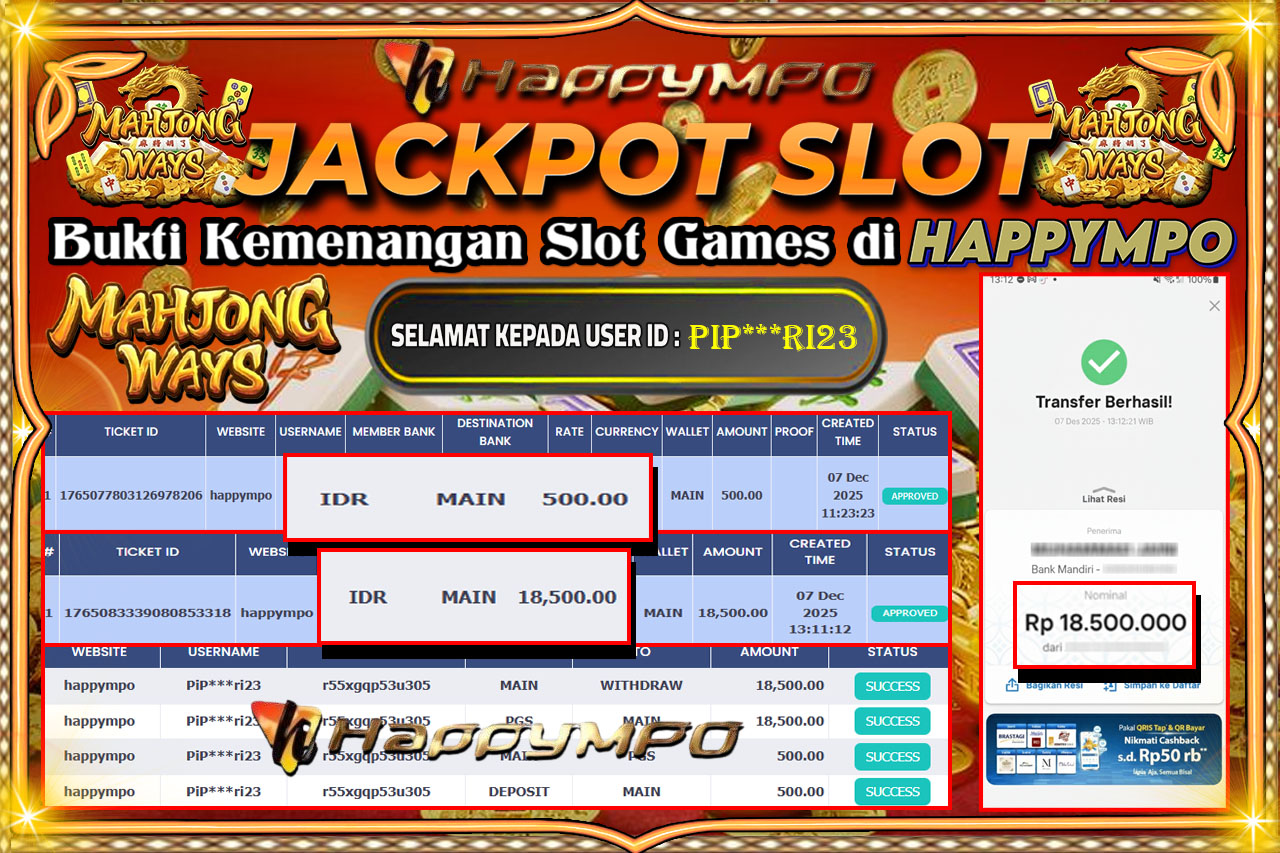HAPPYMPO JACKPOT SLOT MAHJONG WAYS Rp.18.500.000,- LUNAS