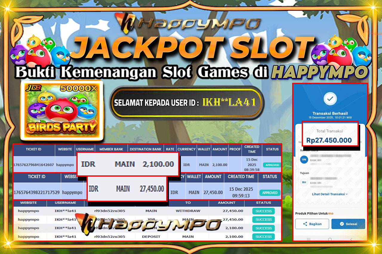 HAPPYMPO JACKPOT SLOT BIRDS PARTY Rp.27.450.000,- LUNAS