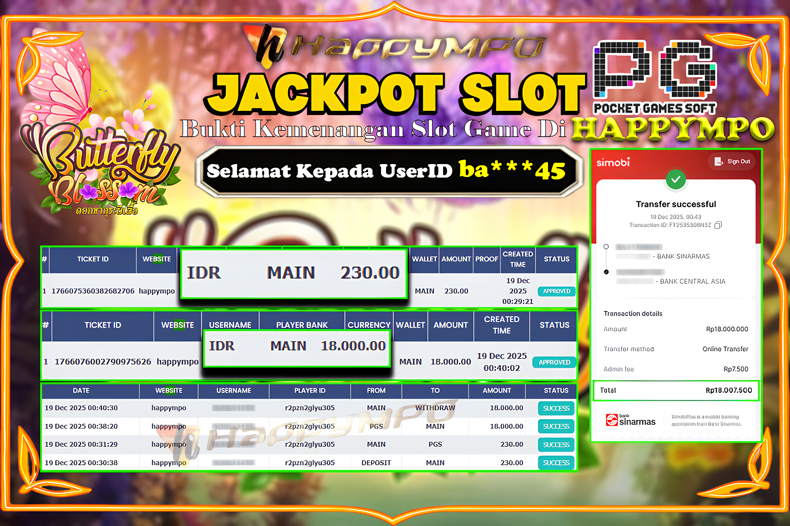 HAPPYMPO JACKPOT SLOT BUTTERFLY BLOSSOM Rp.18.000.000,- LUNAS