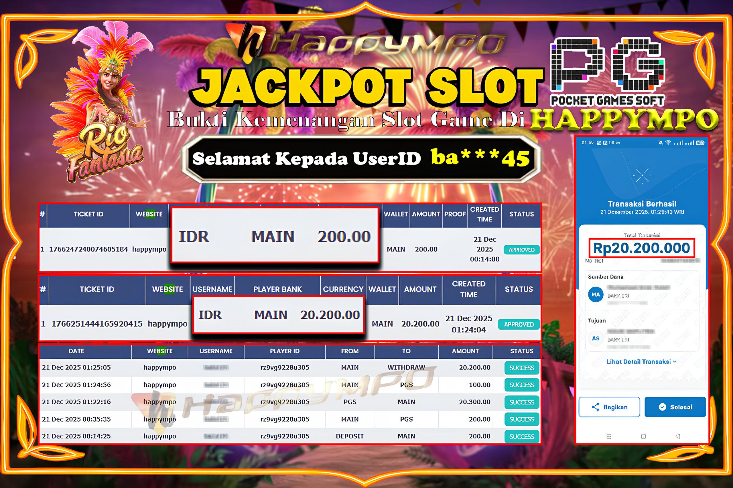 HAPPYMPO JACKPOT SLOT RIO FANTASIA Rp.20.200.000,- LUNAS