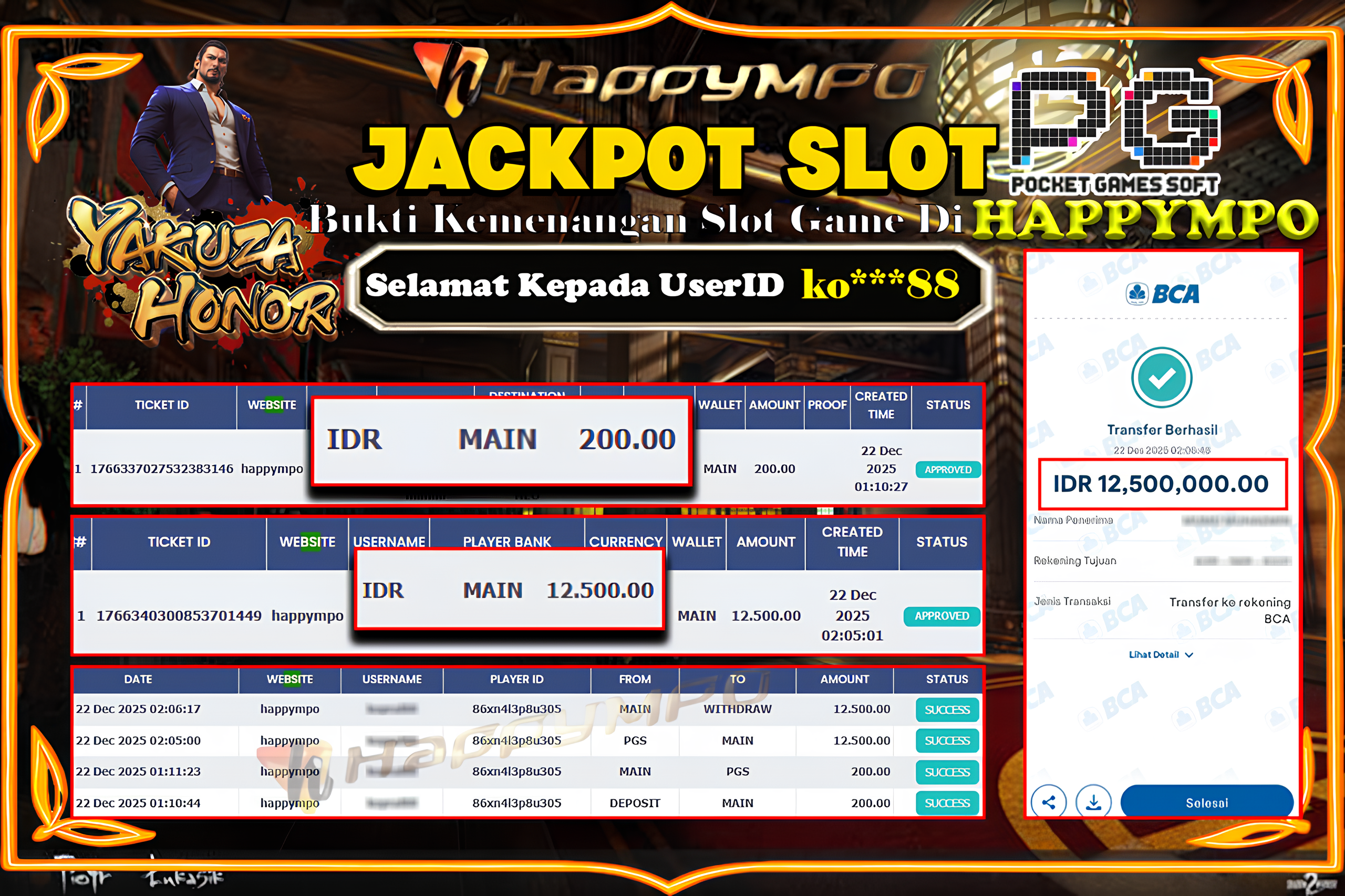 HAPPYMPO JACKPOT SLOT YAKUZA HONOR Rp.12.500.000,- LUNAS