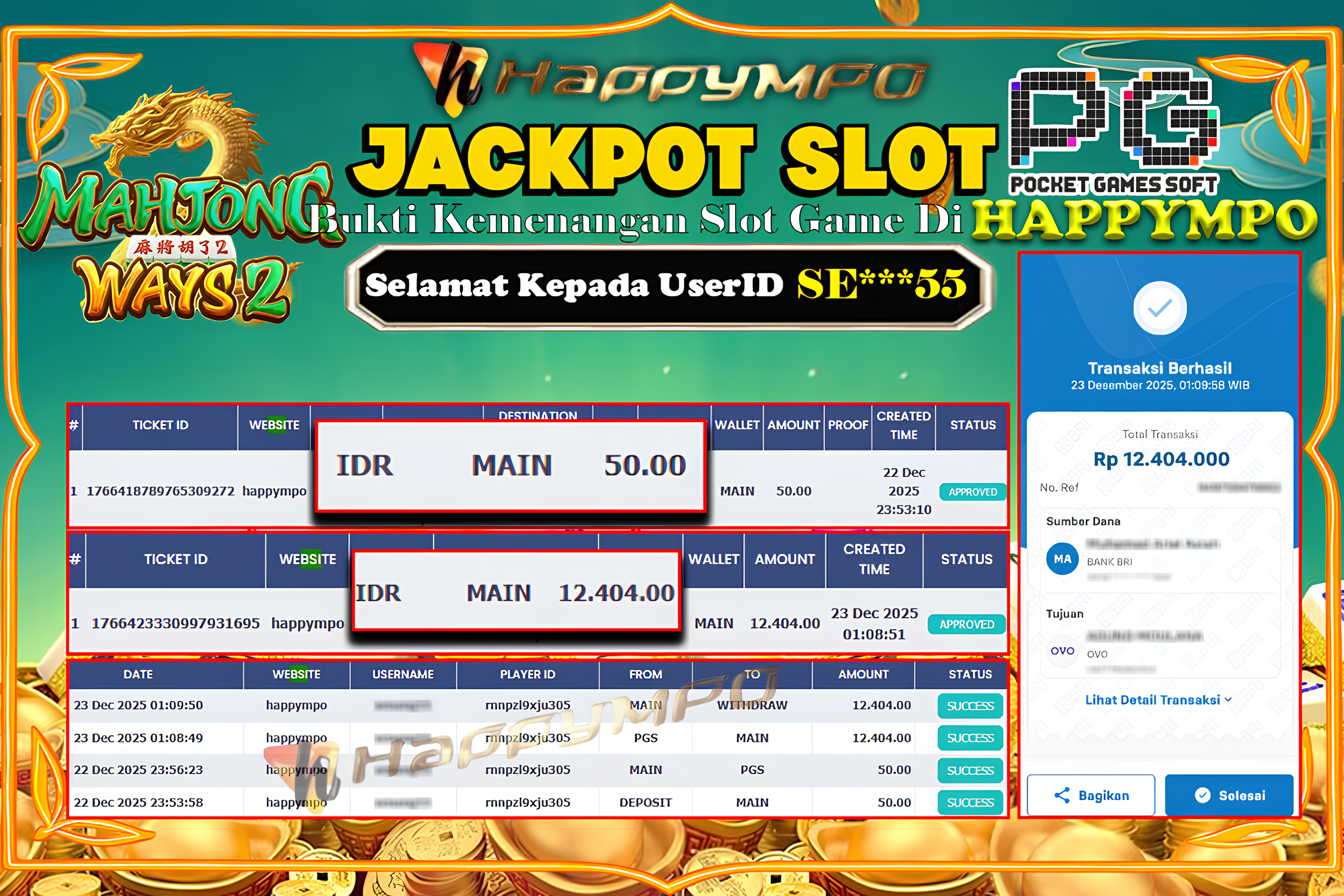 HAPPYMPO JACKPOT SLOT MAHJONG WAYS 2 Rp.12.404.000,- LUNAS