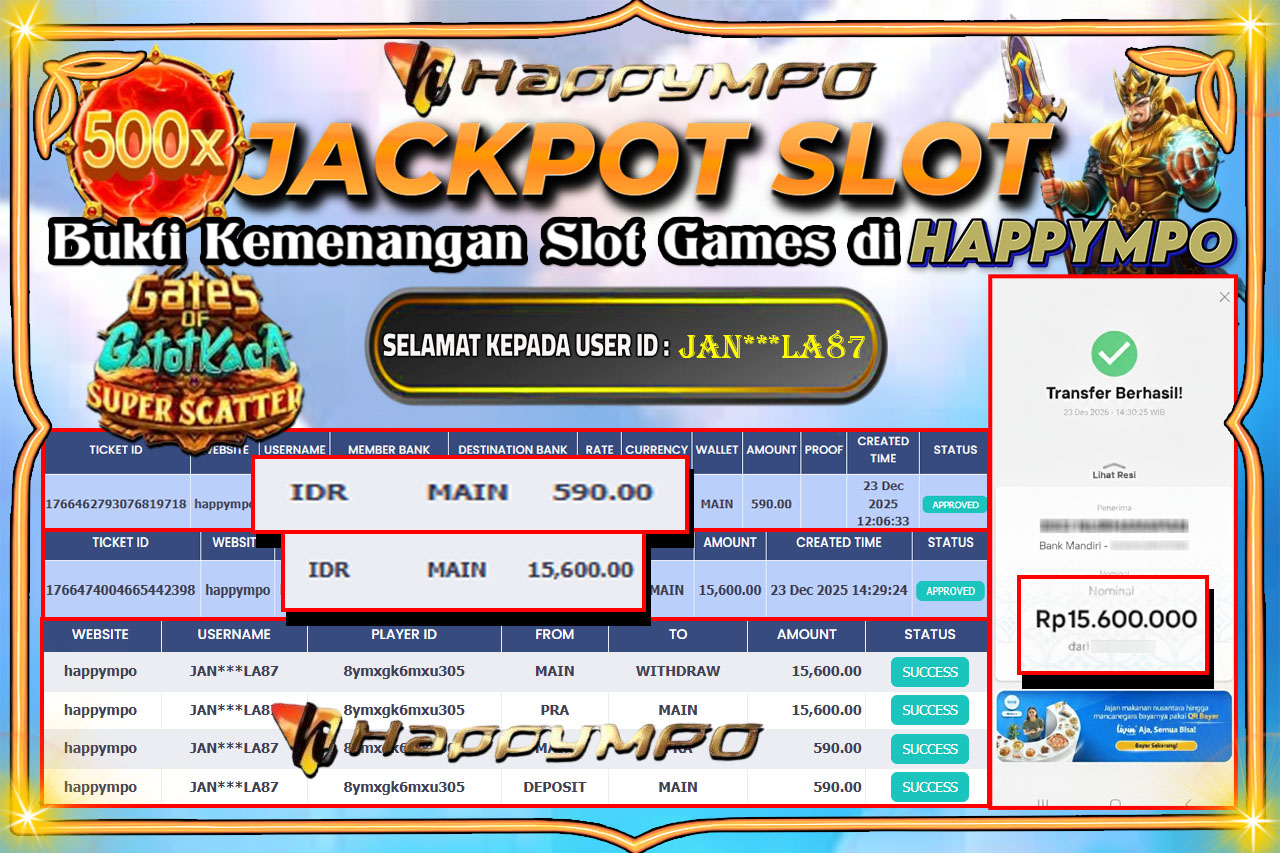 HAPPYMPO JACKPOT SLOT GATES OF GATOT KACA SUPER SCATER Rp.15.600.000,- LUNAS