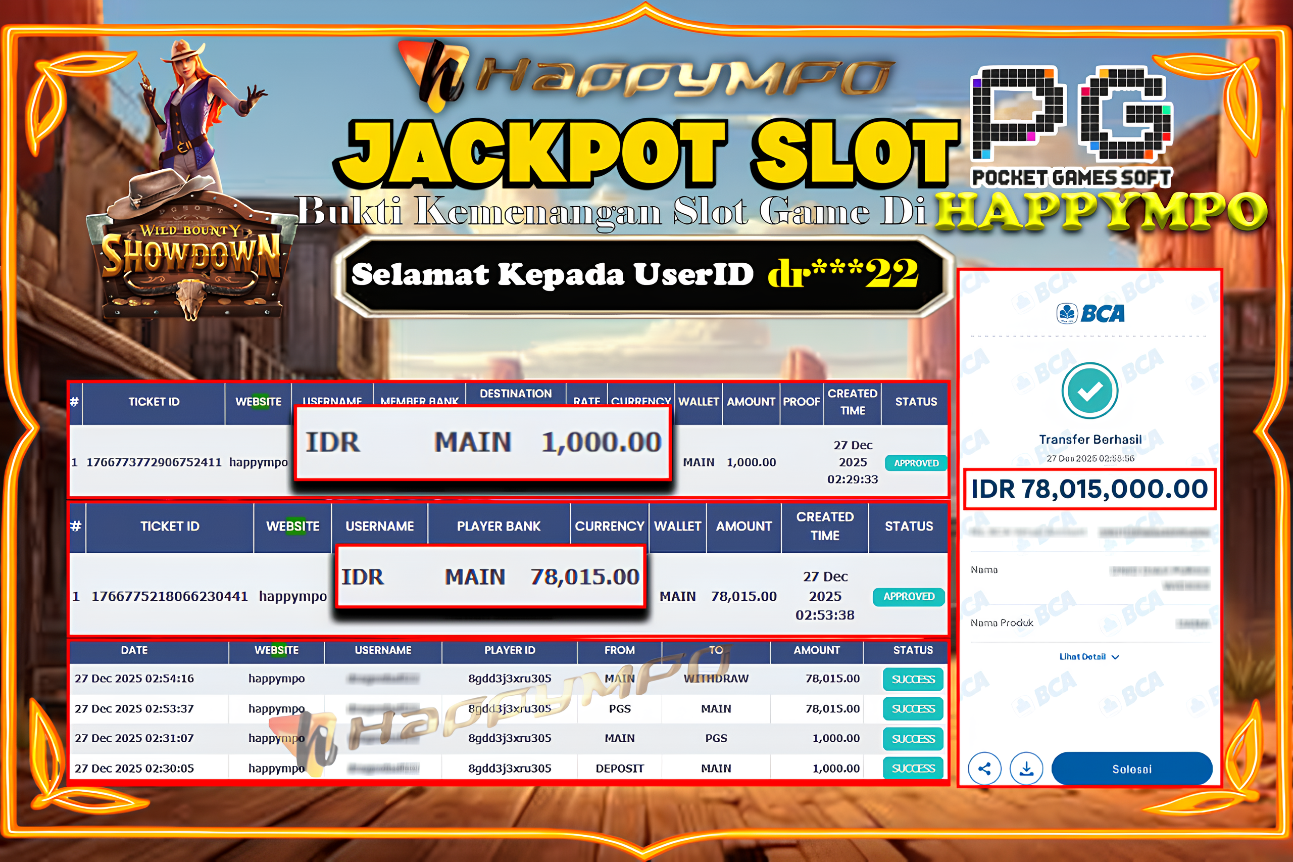 HAPPYMPO JACKPOT SLOT WILD BOUNTY SHOWDOWN Rp.78.015.000,- LUNAS