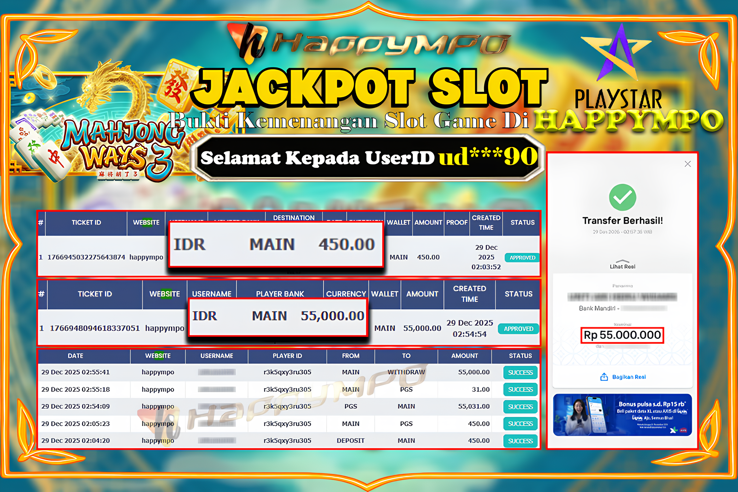 HAPPYMPO JACKPOT SLOT MAHJONG WAYS 3 Rp.55.000.000,- LUNAS