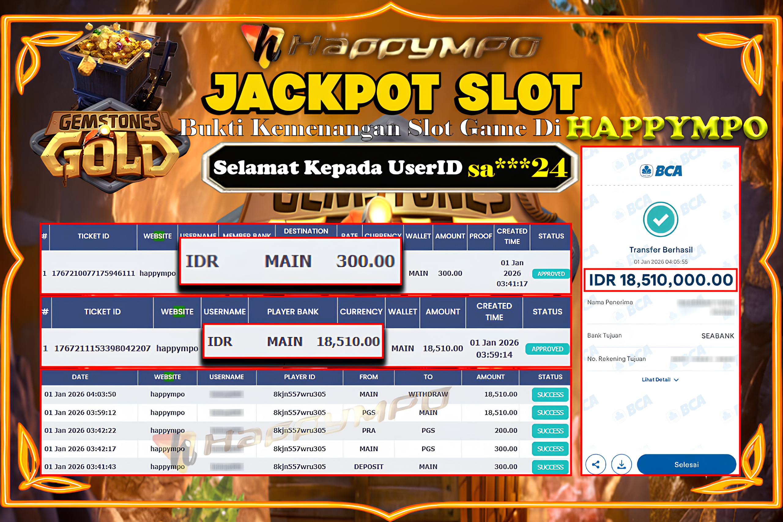 HAPPYMPO JACKPOT SLOT GEMSTONES GOLD Rp.18.510.000,- LUNAS