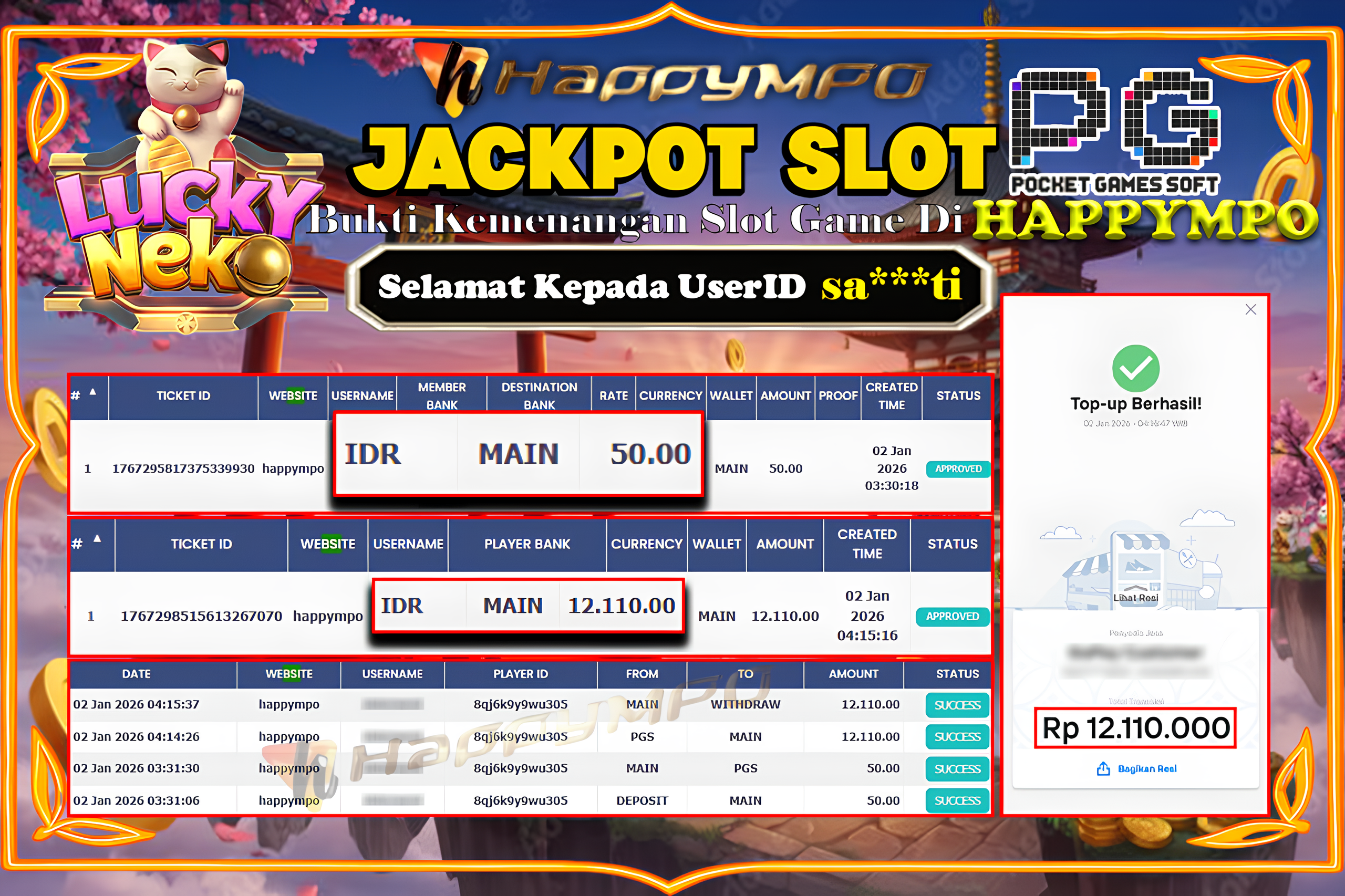 HAPPYMPO JACKPOT SLOT LUCKY NEKO Rp.12.110.000,- LUNAS